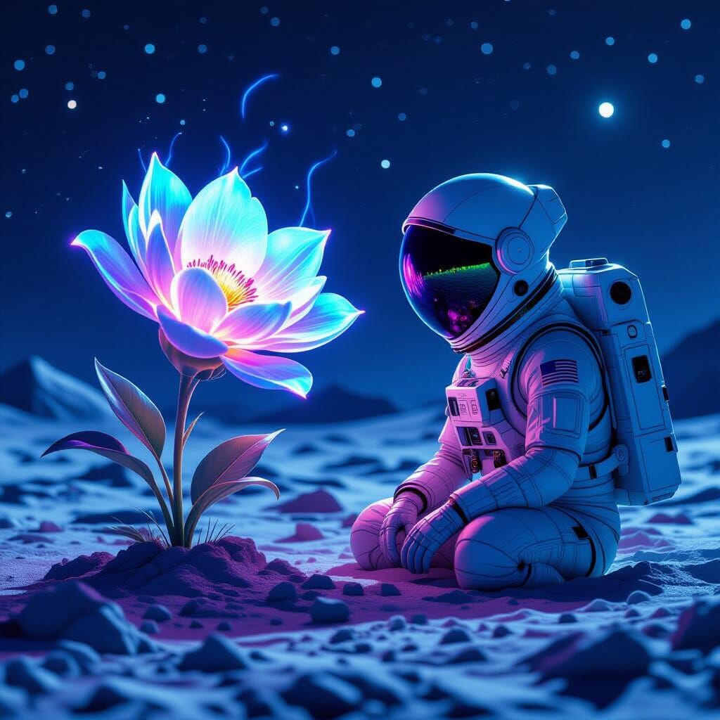 Astronaut Finds Glowing Alien Flower on Moonscape