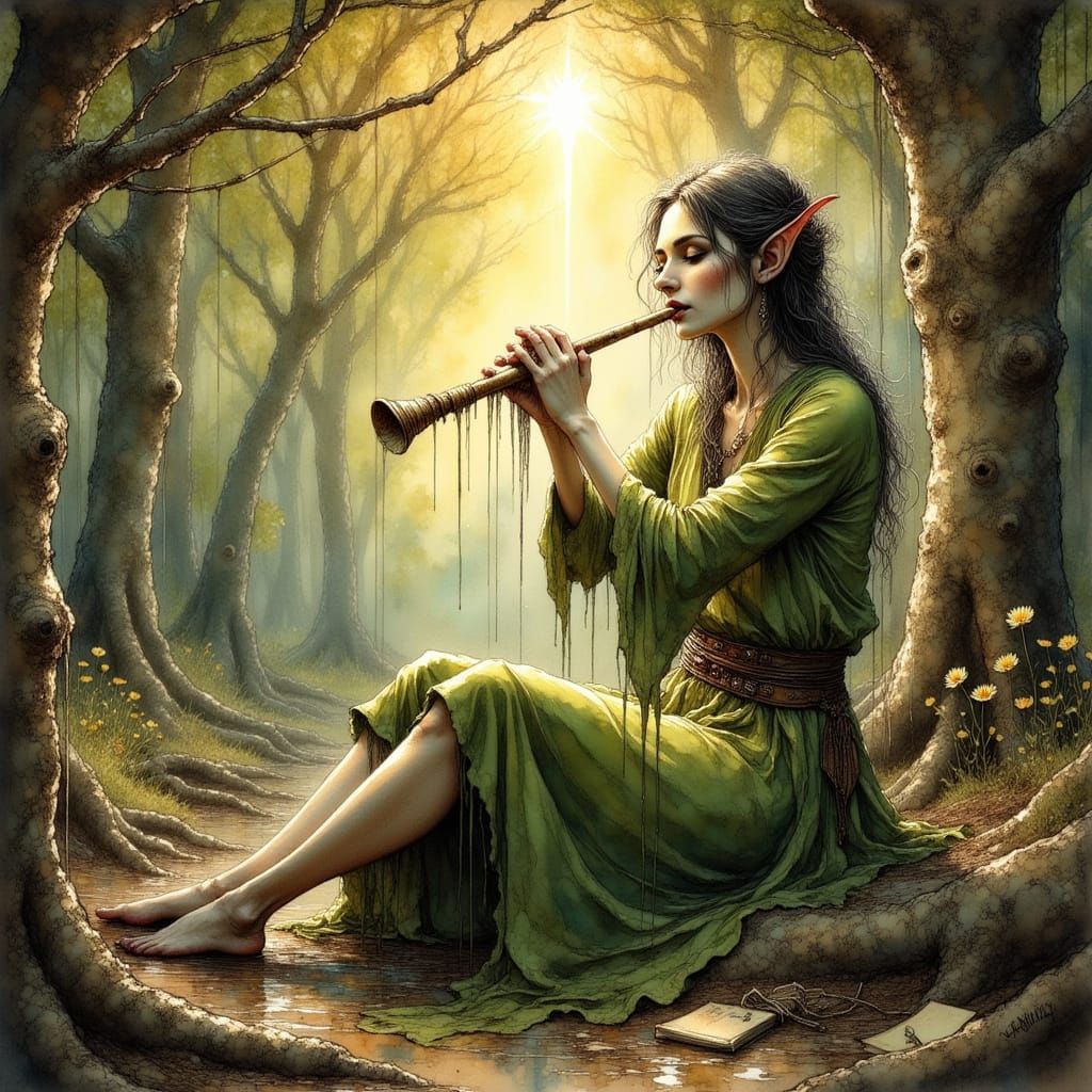 Mystical Elf Plays Golden Flute in Sunlit Dell