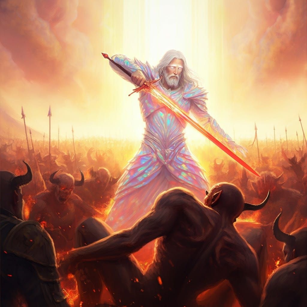 Unyielding Warrior Christ in Opalescent Armor, Smashing a Sn...