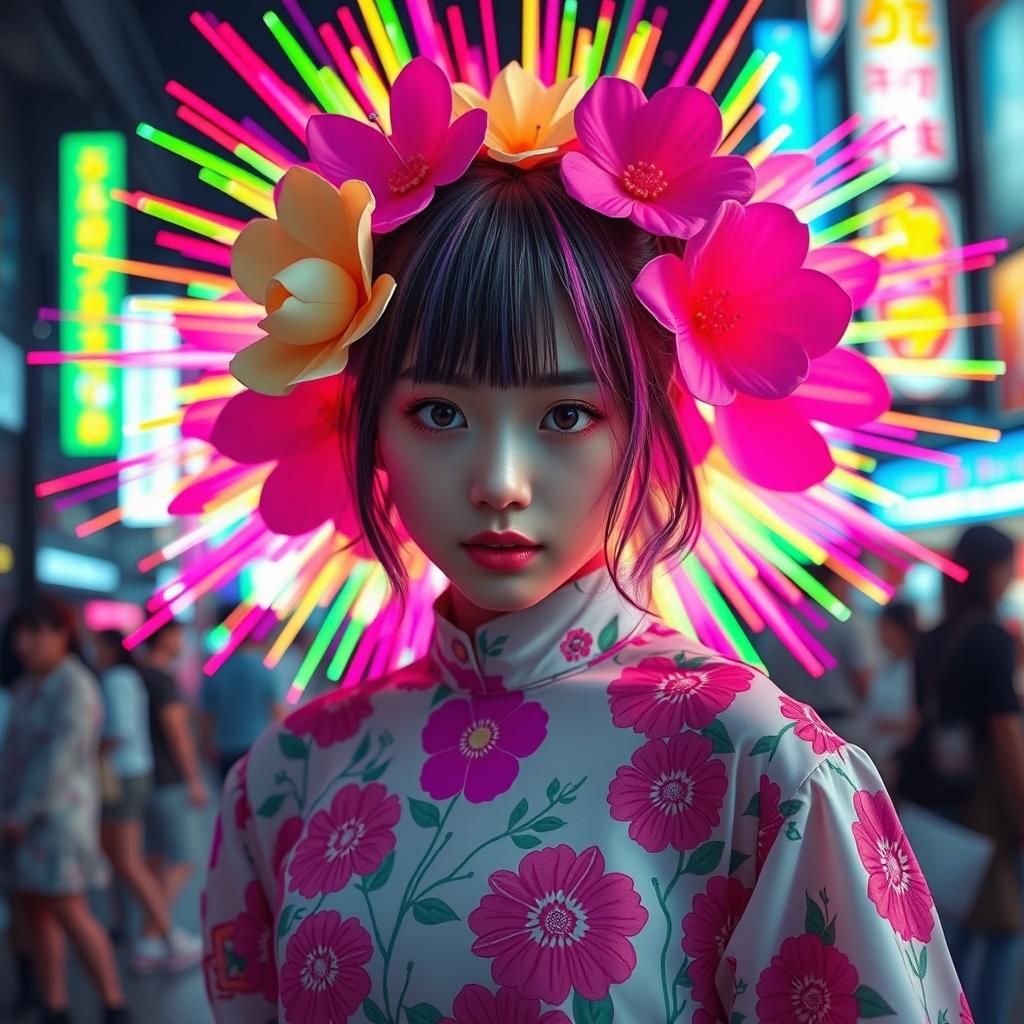 Harajuku Girl in Pop Art Neon Floral Explosion
