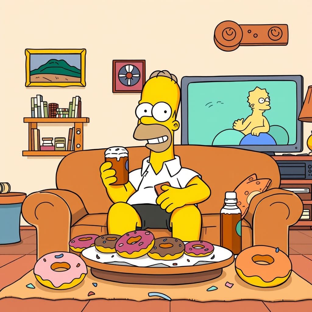Classic Sitcom Homer Simpson in a Cozy Donut-Filled Living R...