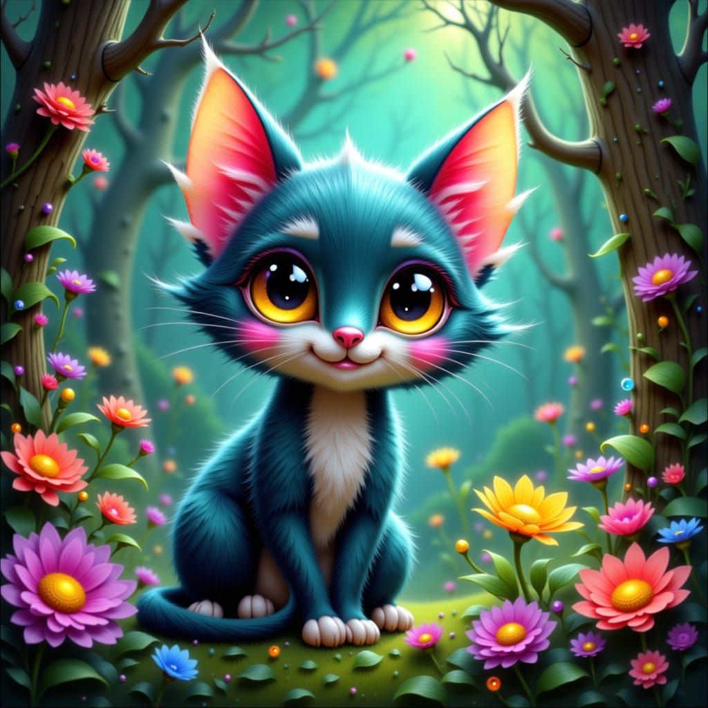 Enchanted Cat in Magical Forest, Dreamy Art