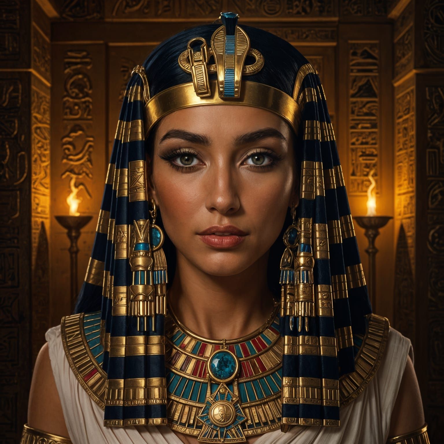 Ancient Egyptian Queen Cleopatra Portrait with Golden Jewelr...
