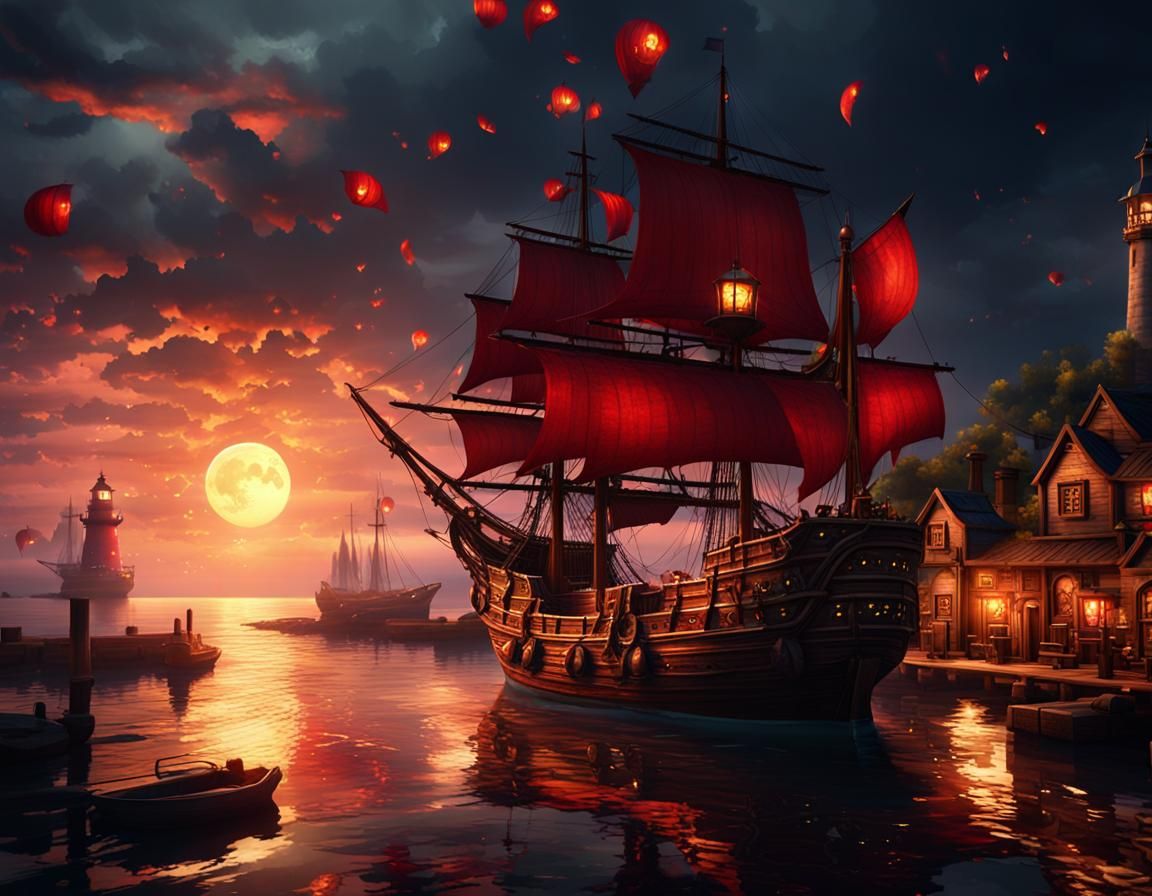 Steampunk Galleon in Harbor at Sunset, Acrylic Painting
