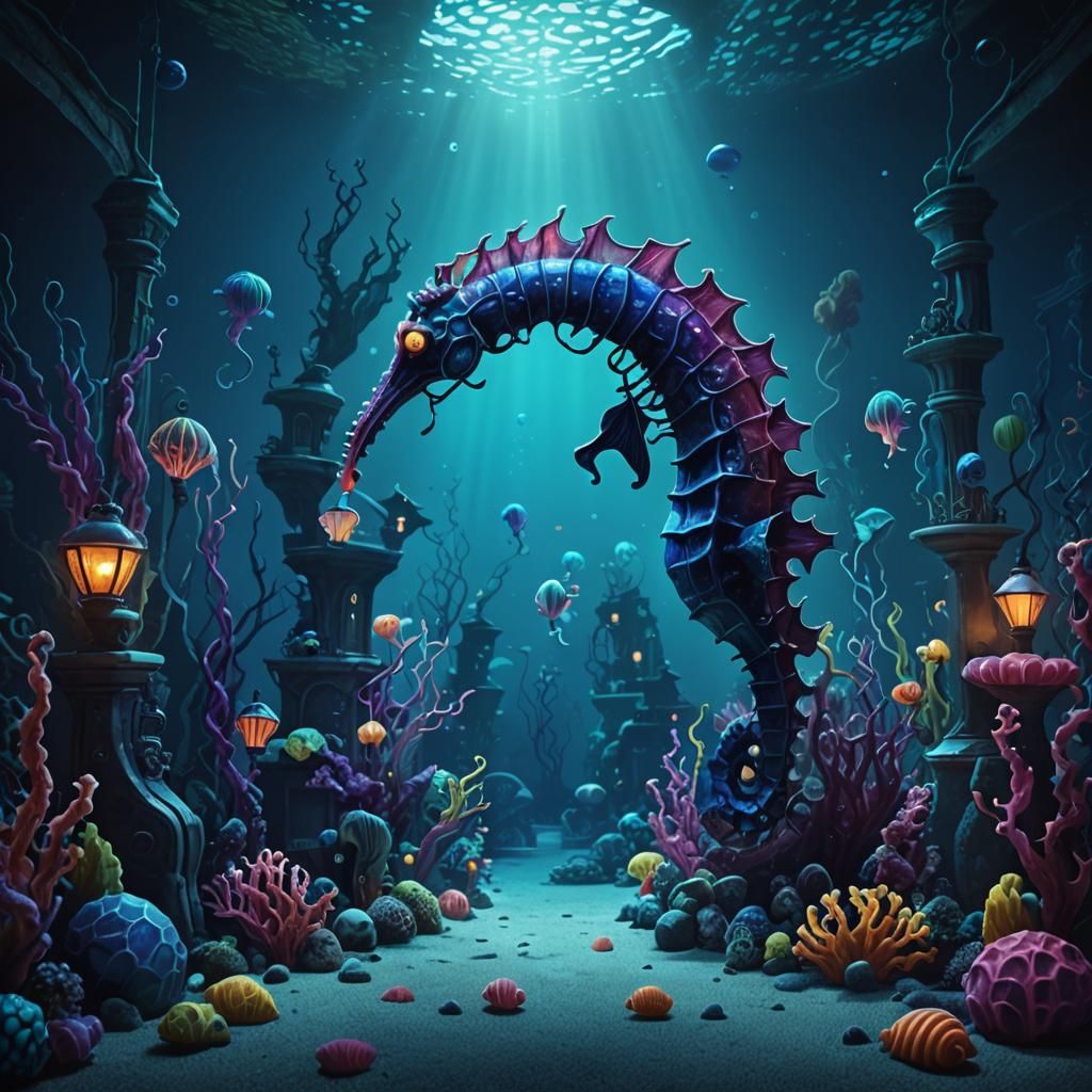 Underwater Seahorse Funhouse: Surreal Concept Art
