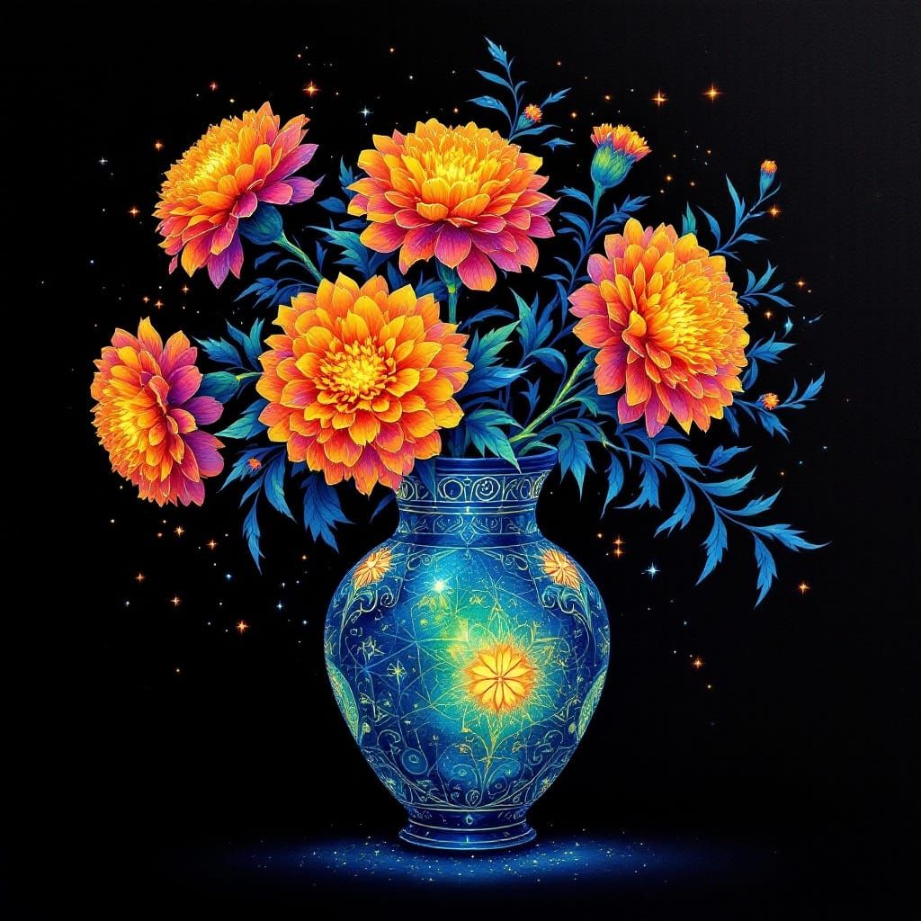 still life painting of marigolds (чорнобривці) in a vase, created in the style of elvish pointillism. The composition is...