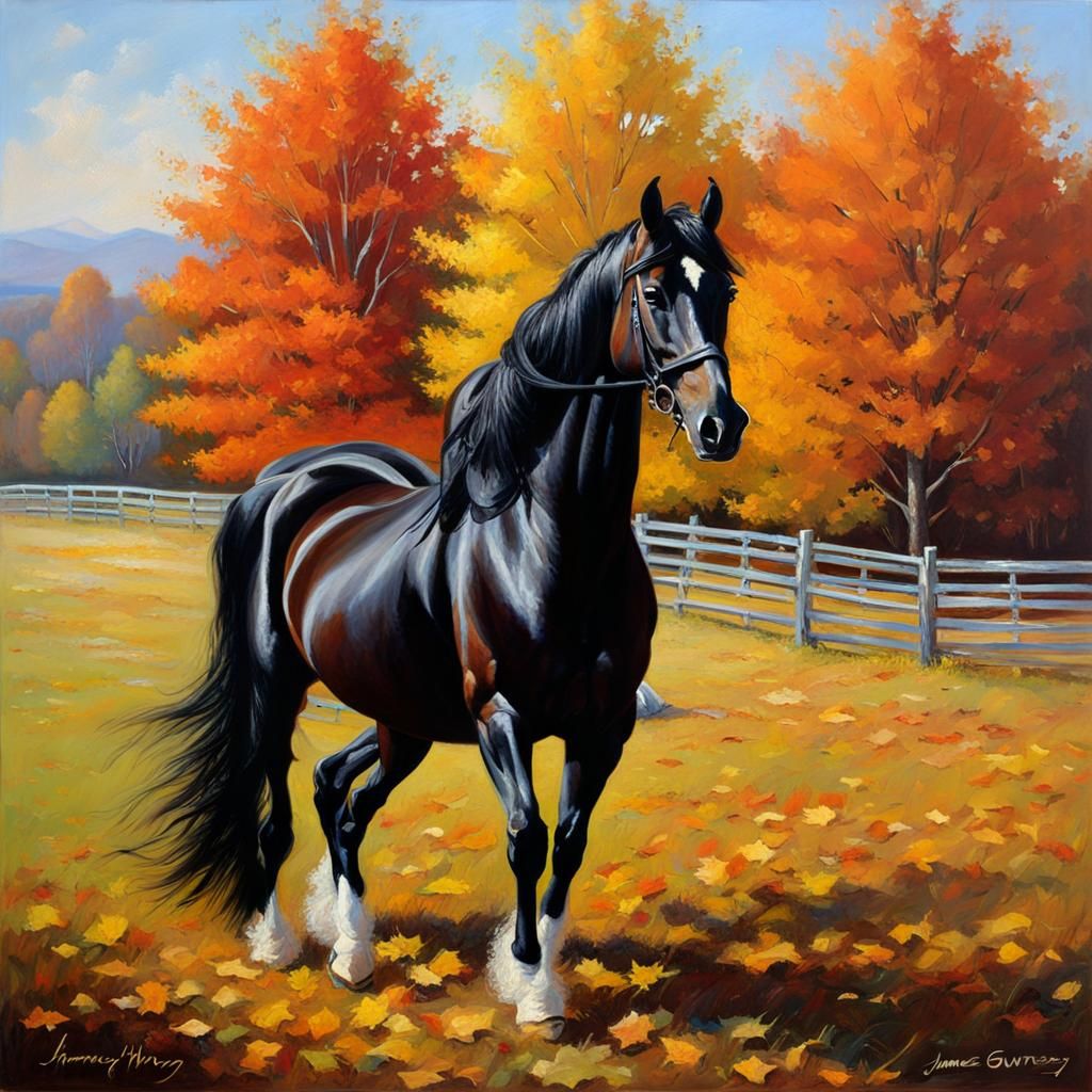 Trakehner and Friesian Horse in Autumn Oil Painting
