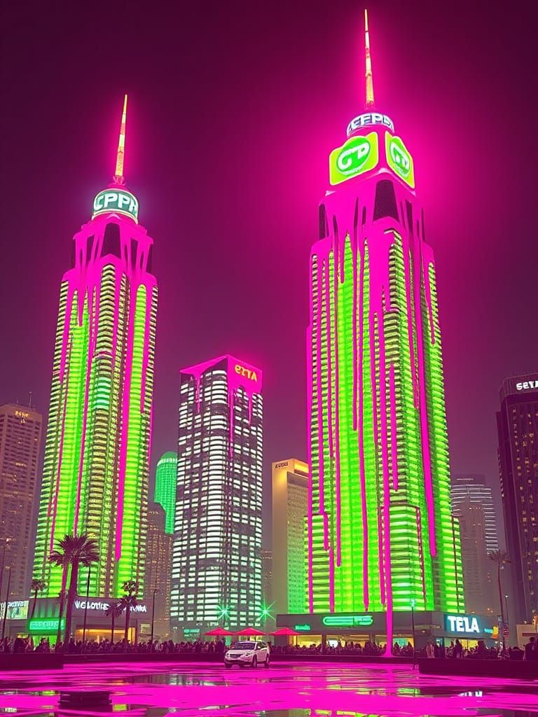 Neon Skyscrapers in Vibrant Pink Spray Paint Art