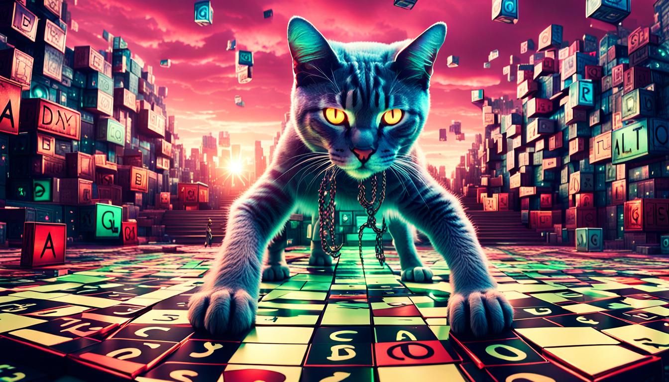 Cat playing Scrabble in a giant Scrabble world