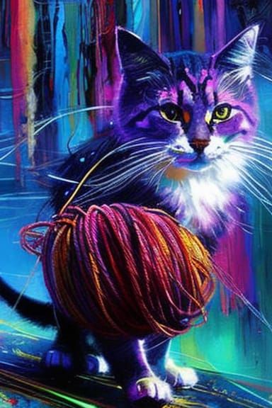 Cat with Yarn in Detailed Oil Painting Style