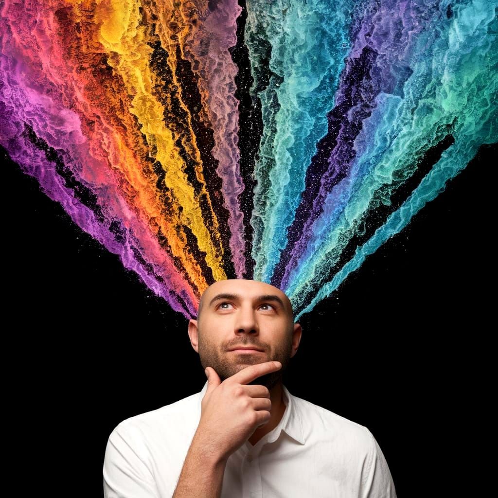 Surreal Prism Waterfalls Erupt from a Thinking Man's Ears