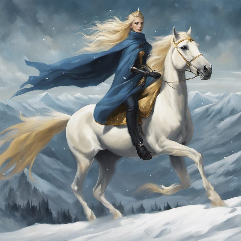 Princess on White Horse Galloping on Snowy Mountain