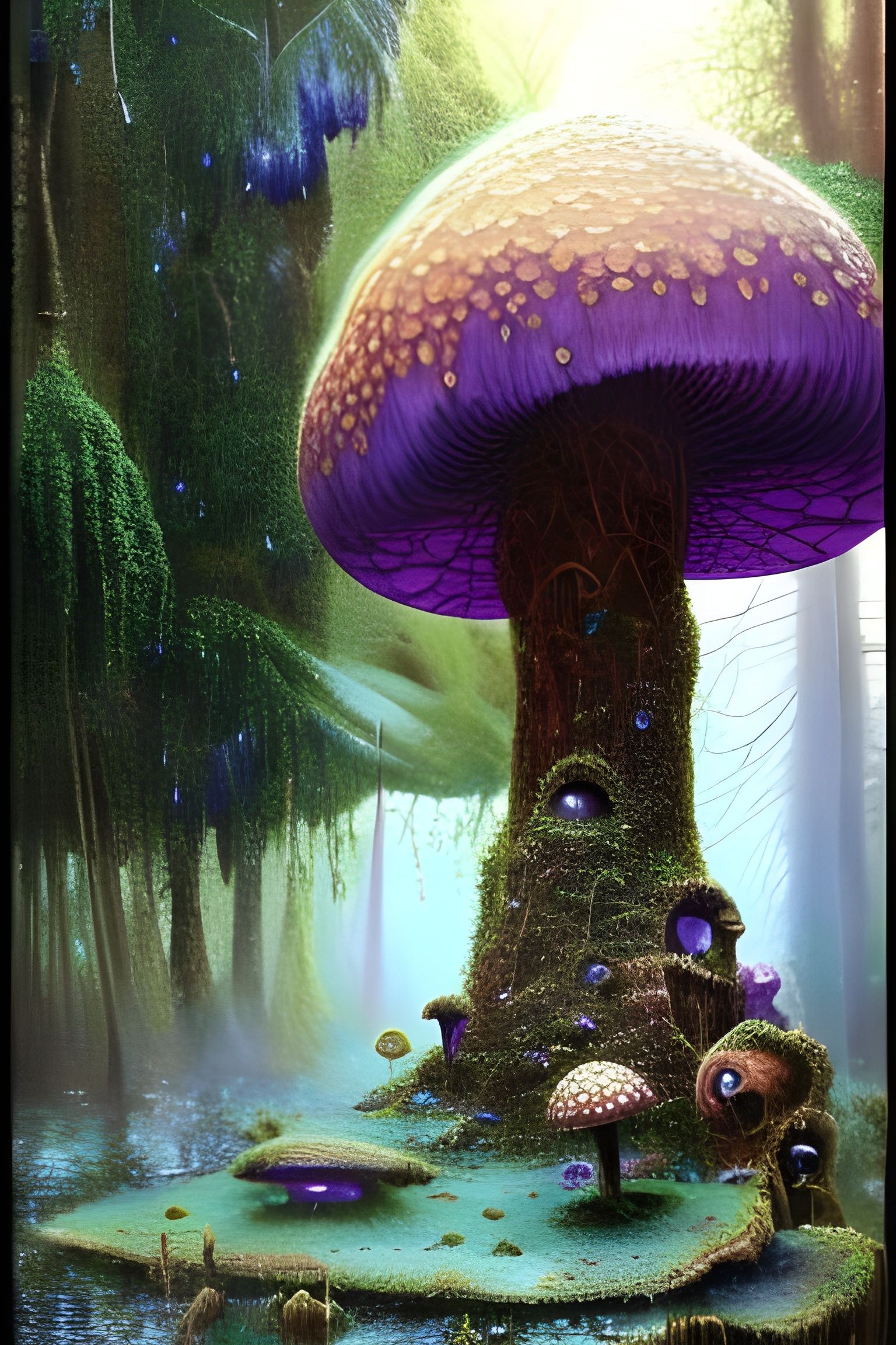Violet Toadstool Treehouses in Poison Swamp, Digital Art