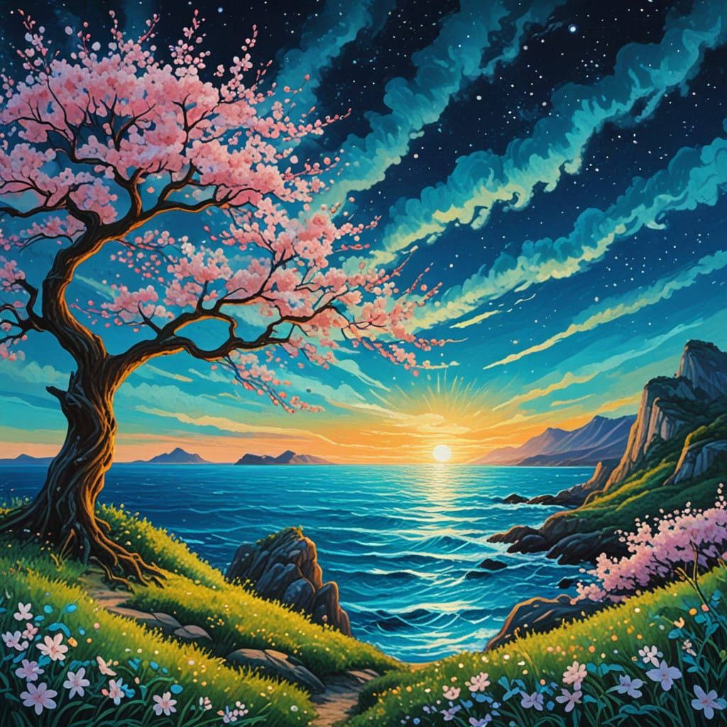 Surreal Cherry Blossom Sunset on a Vibrant Cosmic Ocean in I...