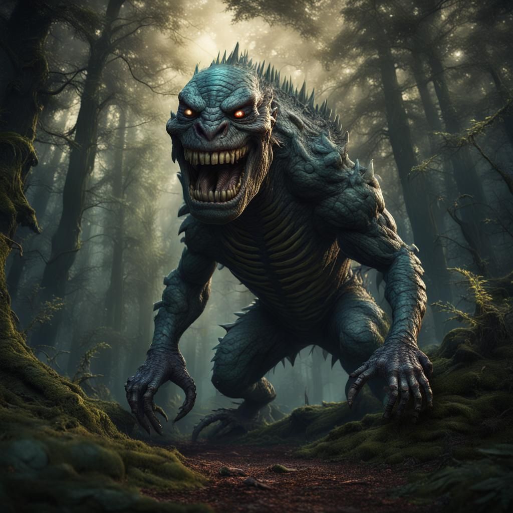 Creepy Reptile Monster in Forest: Detailed Matte Painting