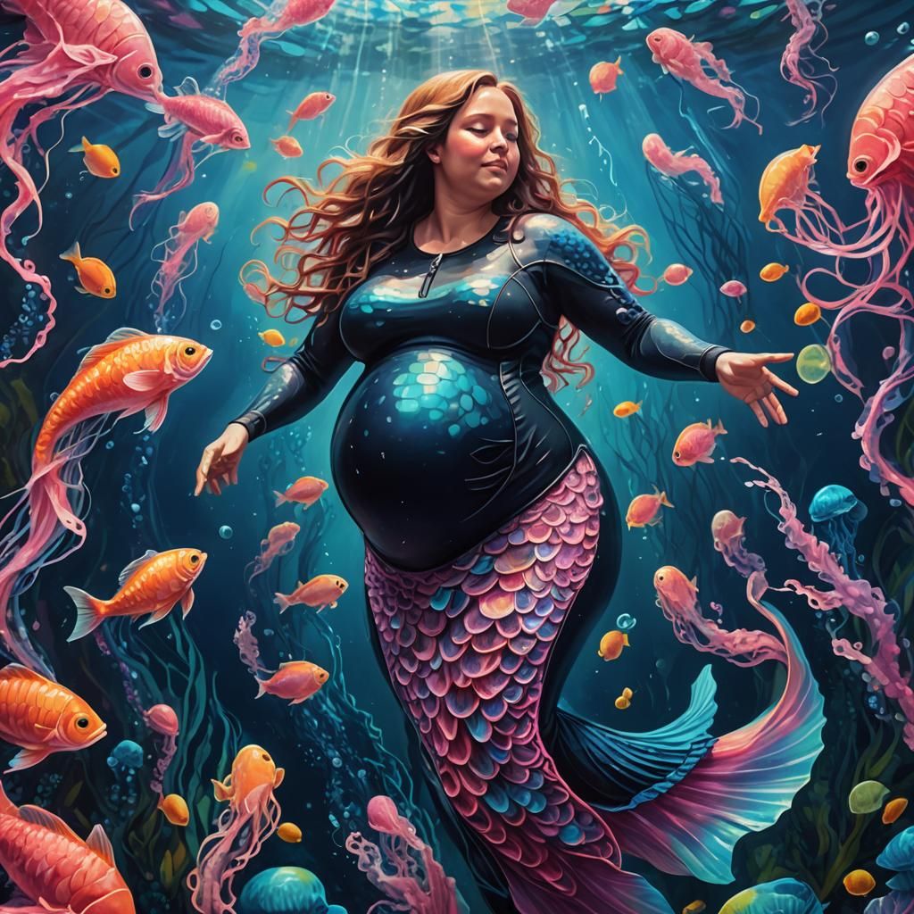 Pregnant Woman with Fish Tail in Surreal Oil Painting