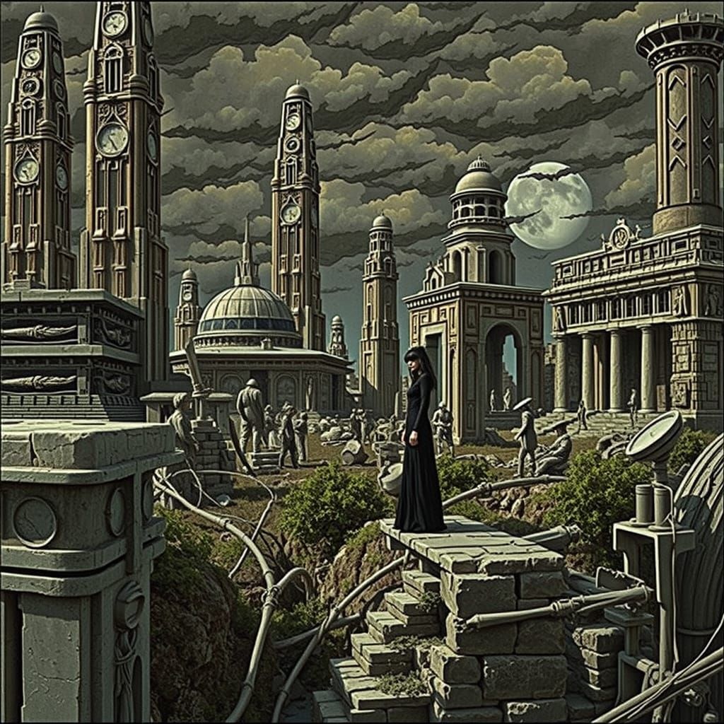Ancient Futuristic Towers in Black and White Film Style