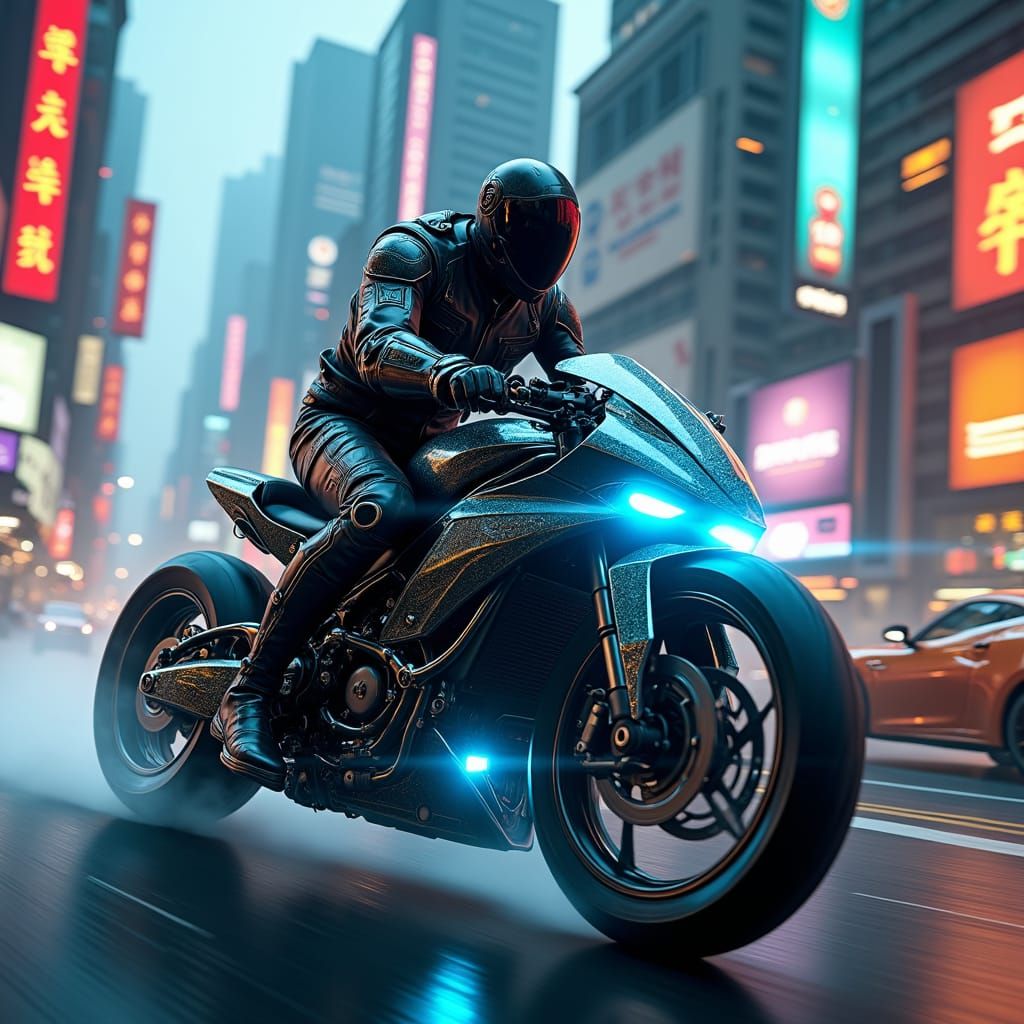 Cyborg on Motorcycle in Dystopian Cyberpunk City