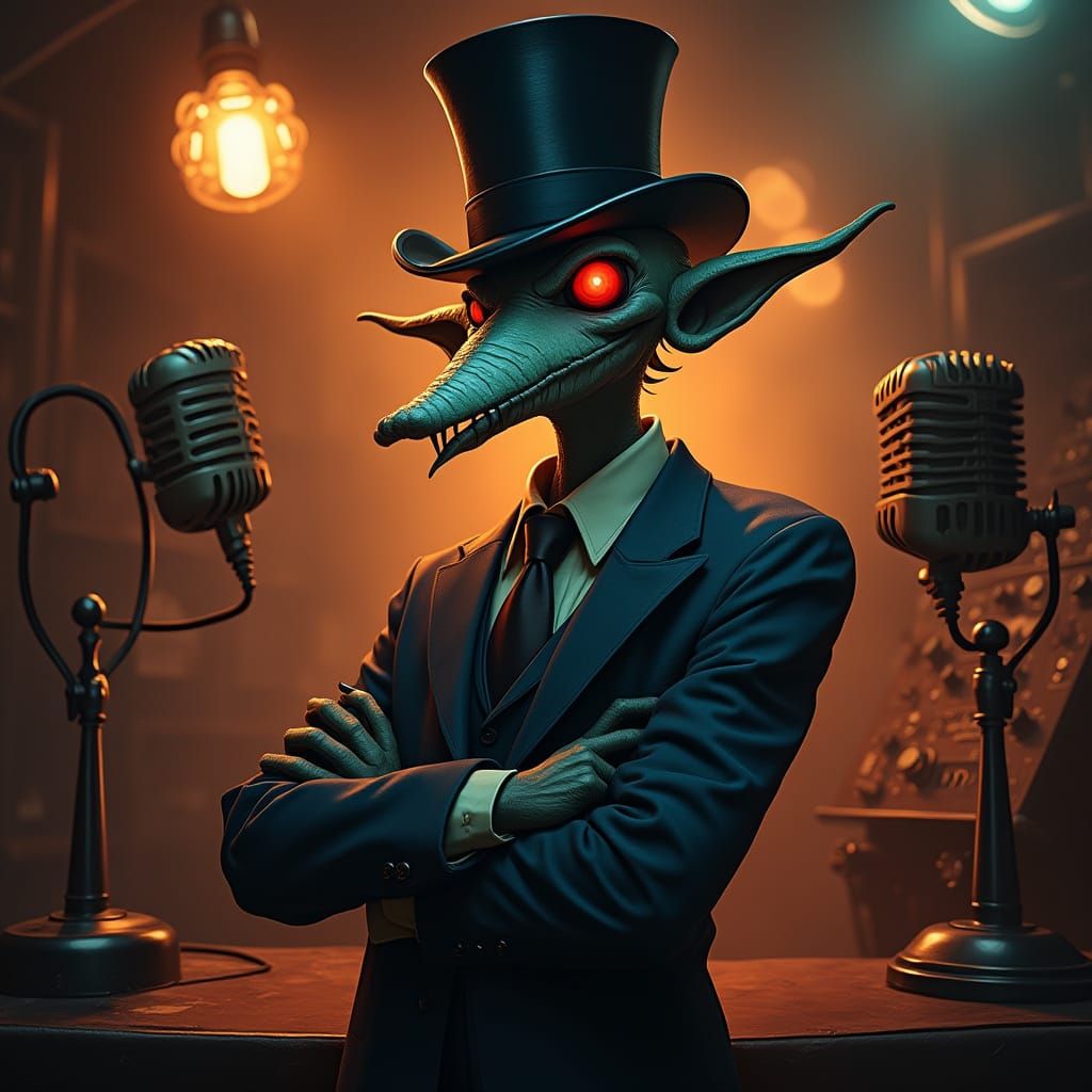 Confident Radio Demon in Vintage Studio