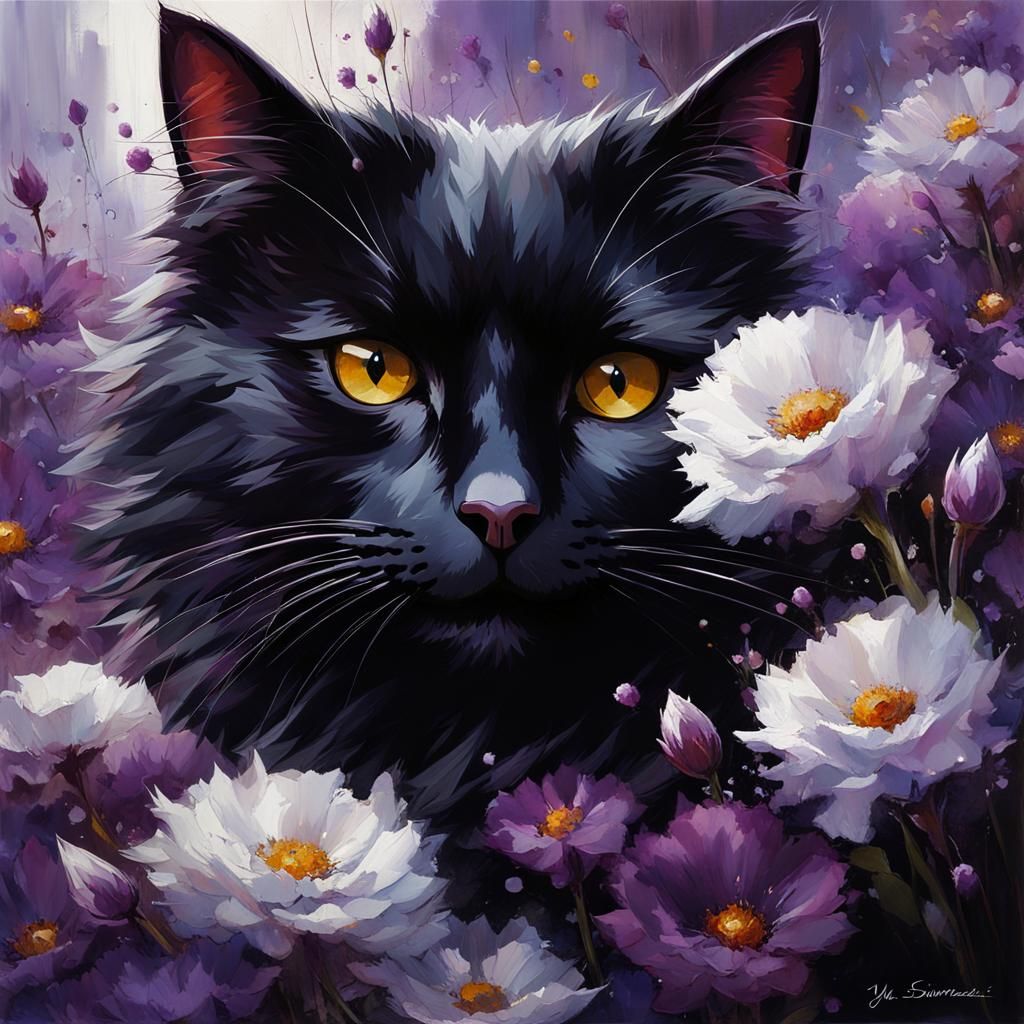 Black Cat in Floral Setting: Oil Painting Style