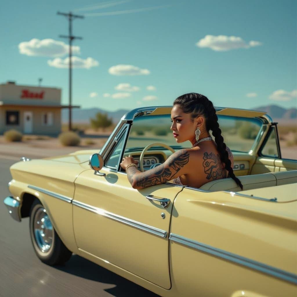 Native American Punk Woman Drives Classic Car