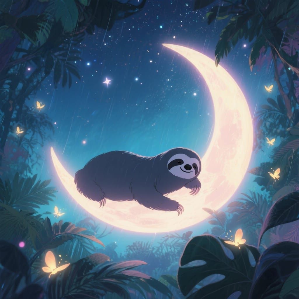 Gentle Sloth Rests on Glowing Moon in Starry Rainforest