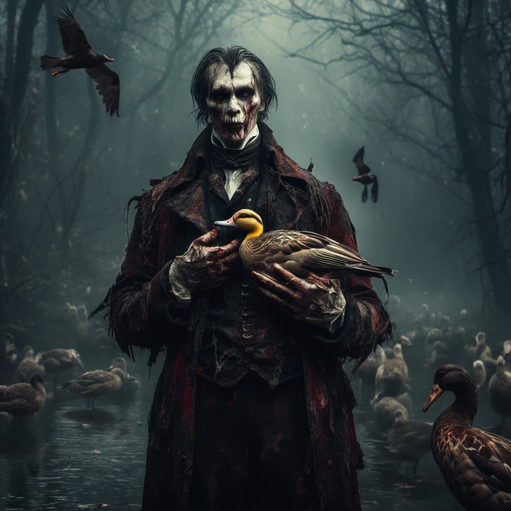 Macabre Vampire Holding Duck: Detailed Fantasy Art