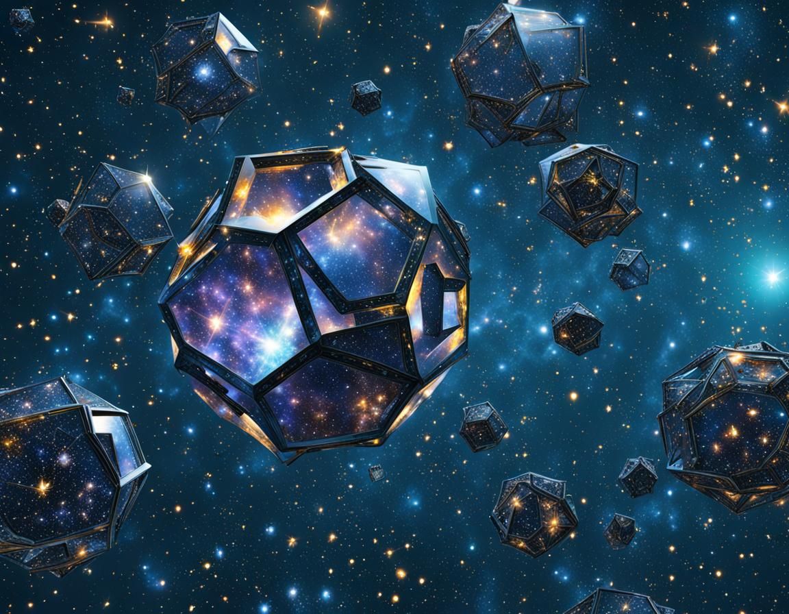 Crystal Dodecahedron Encapsulating Yellow Suns in Space
