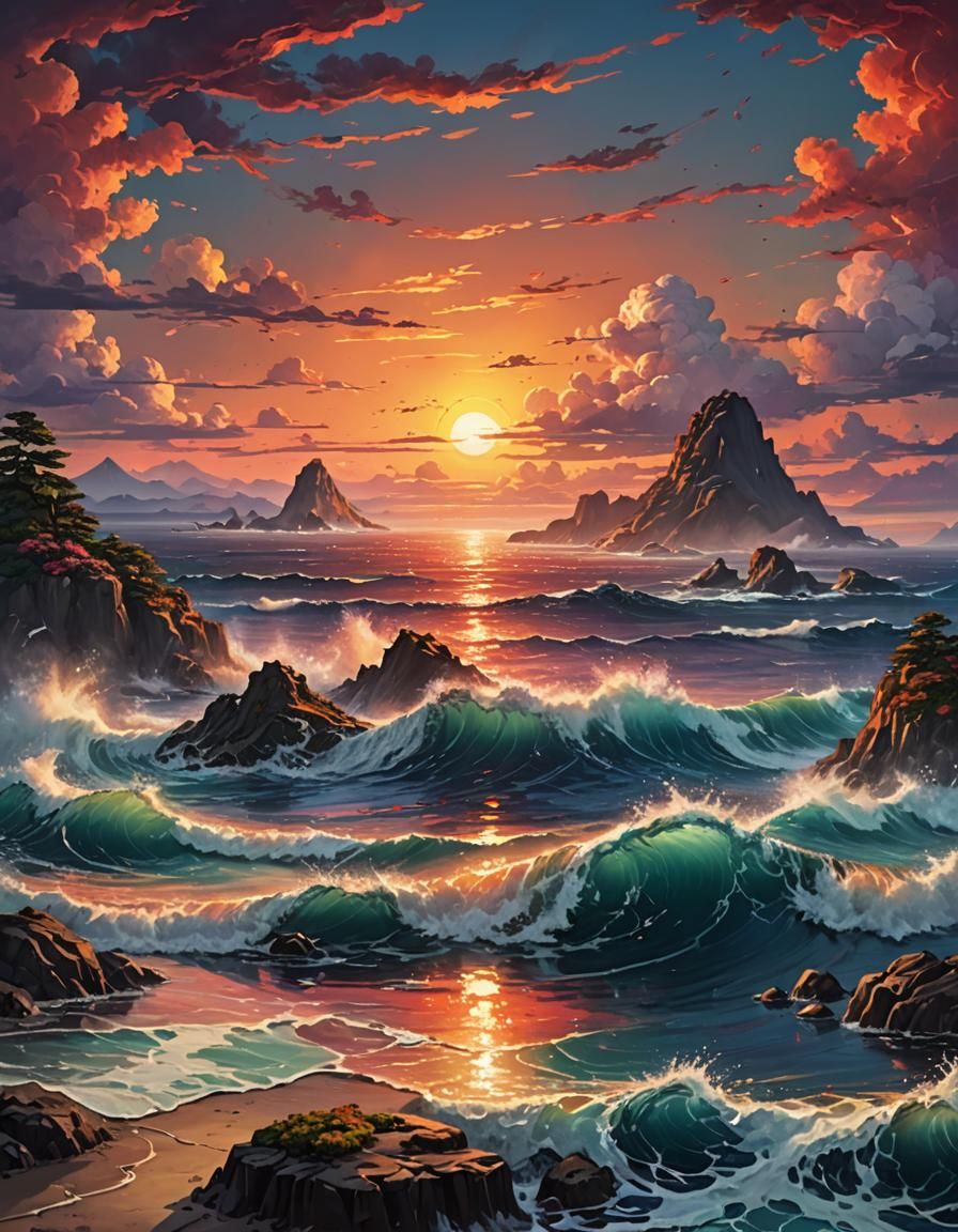 Intense Sunset Ocean Scape in Japanese Art Style
