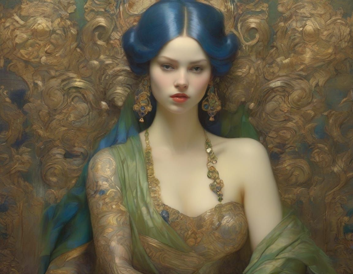 Baroque Oil Painting of Autumn Goddess with Blue Hair