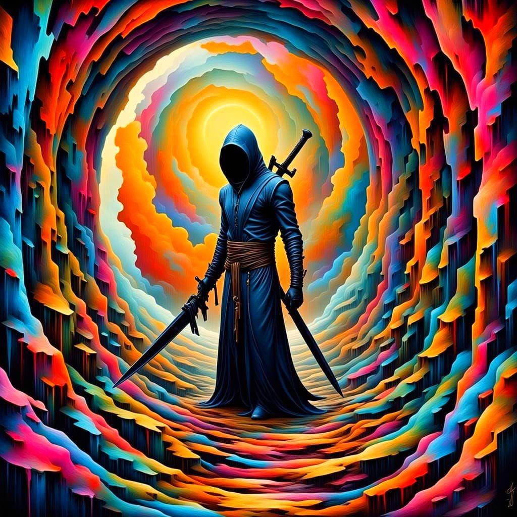 Surreal Warrior Emerges from Geometric Dreamscape