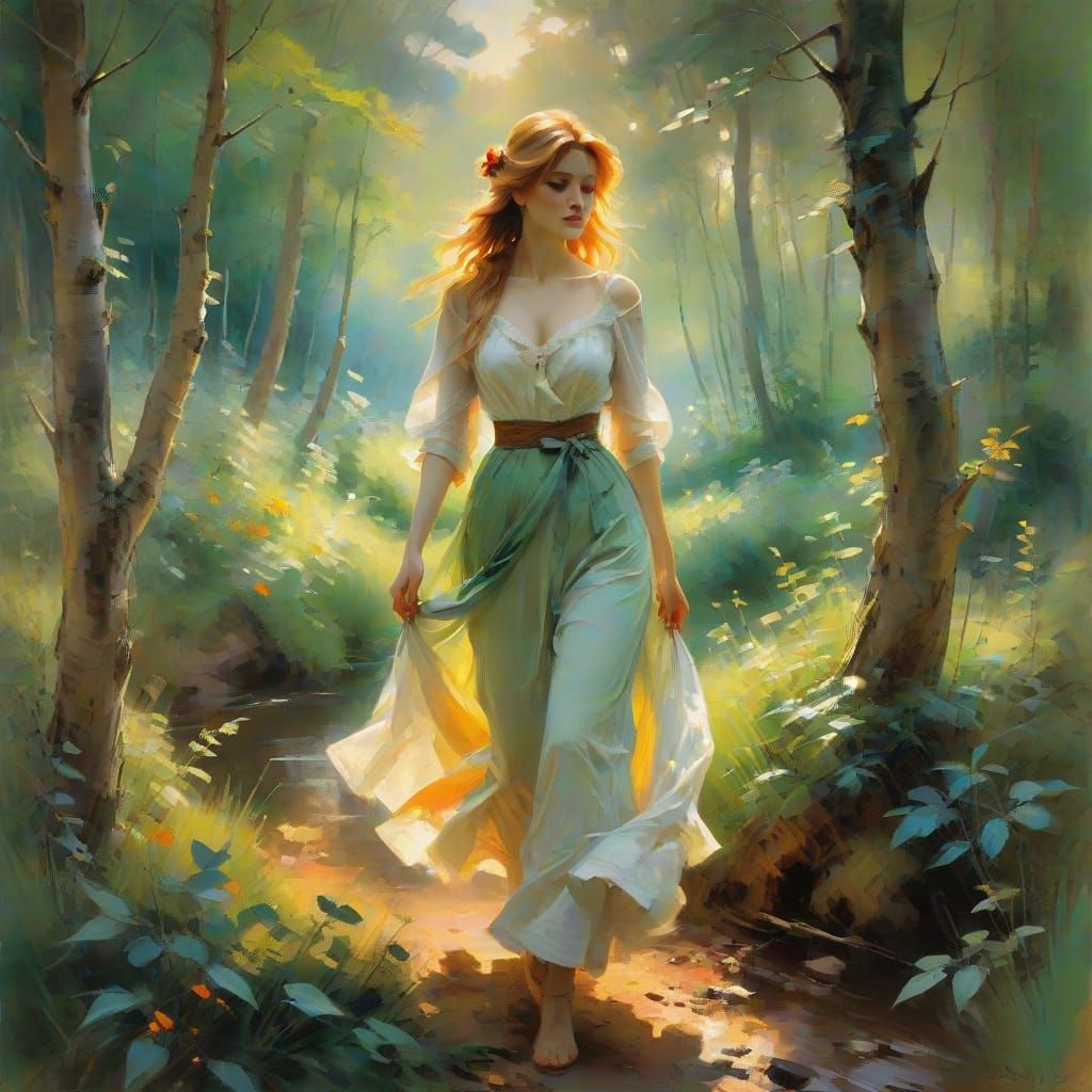 Ethereal Woman in Sunset Forest, Impressionist Style