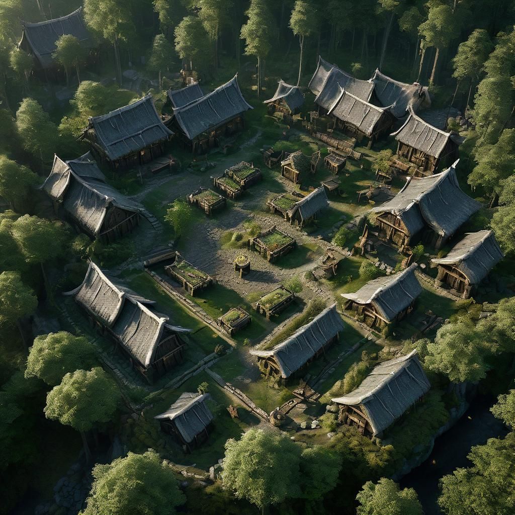 A wood-elf city in the middle of a forest. Elven runes and altars for rituals and worship are in the middle of the city.