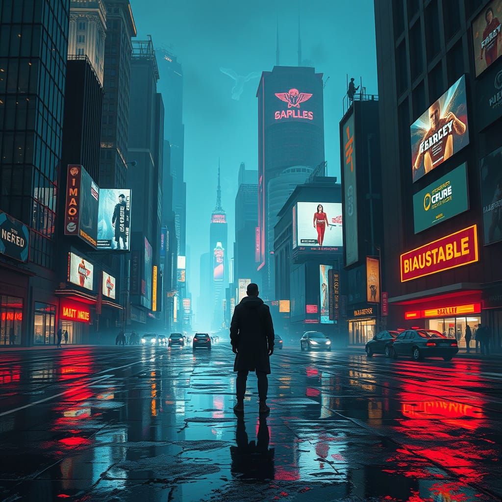 Neon Dystopian Cityscape in Industrial Futurist Style