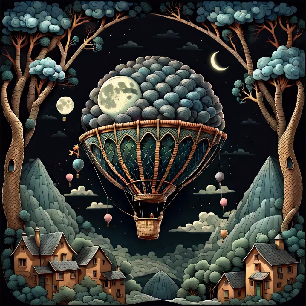 Balloon Moon Graphic Drawing in Folk Art Style