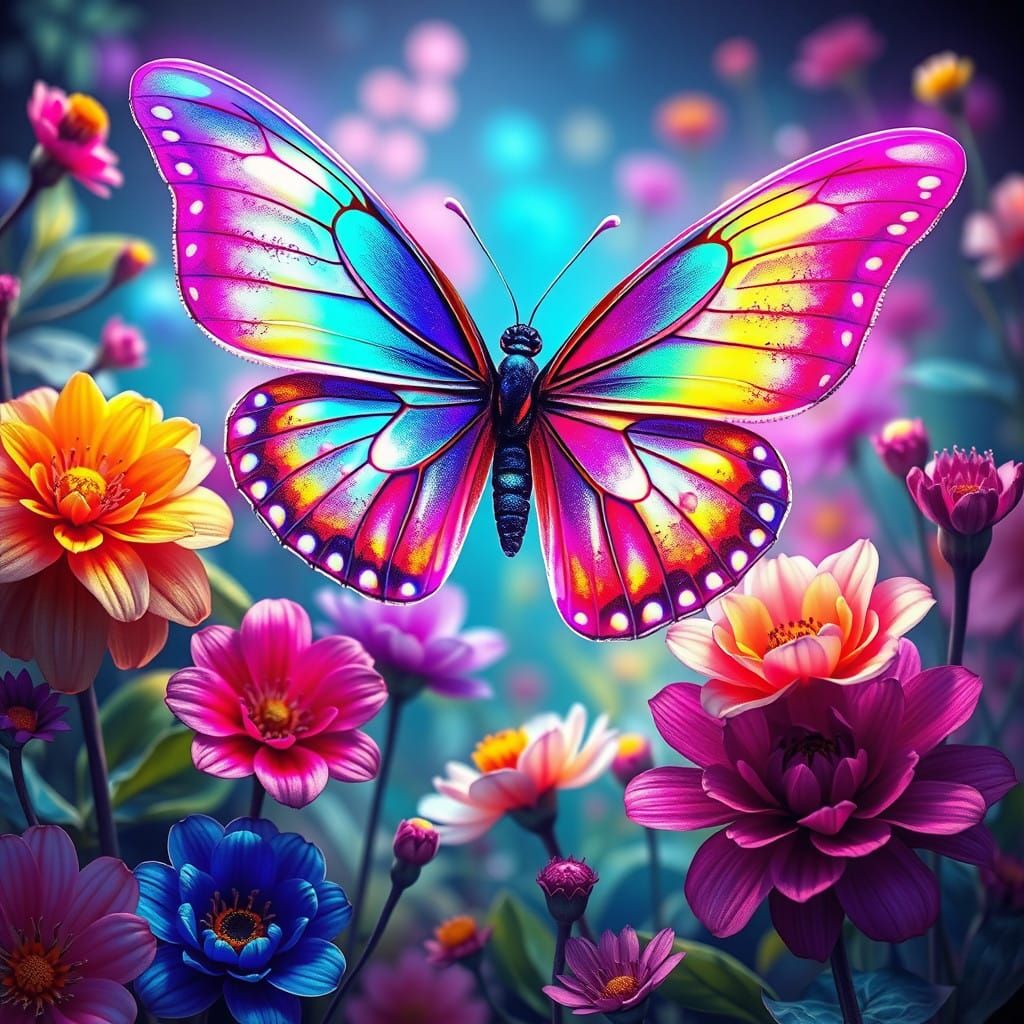 Whimsical Neon Butterfly Soars Over Enchanted Blossoms