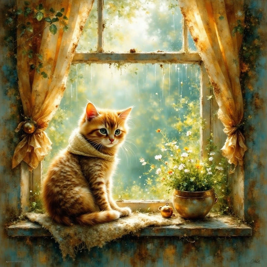 Cozy Kitten Lounging on a Rainy Day