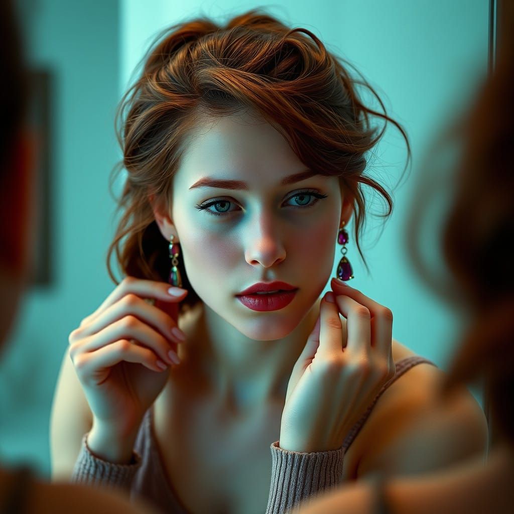 Youthful Irish Woman Focuses on Earring in Soft, Flattering...