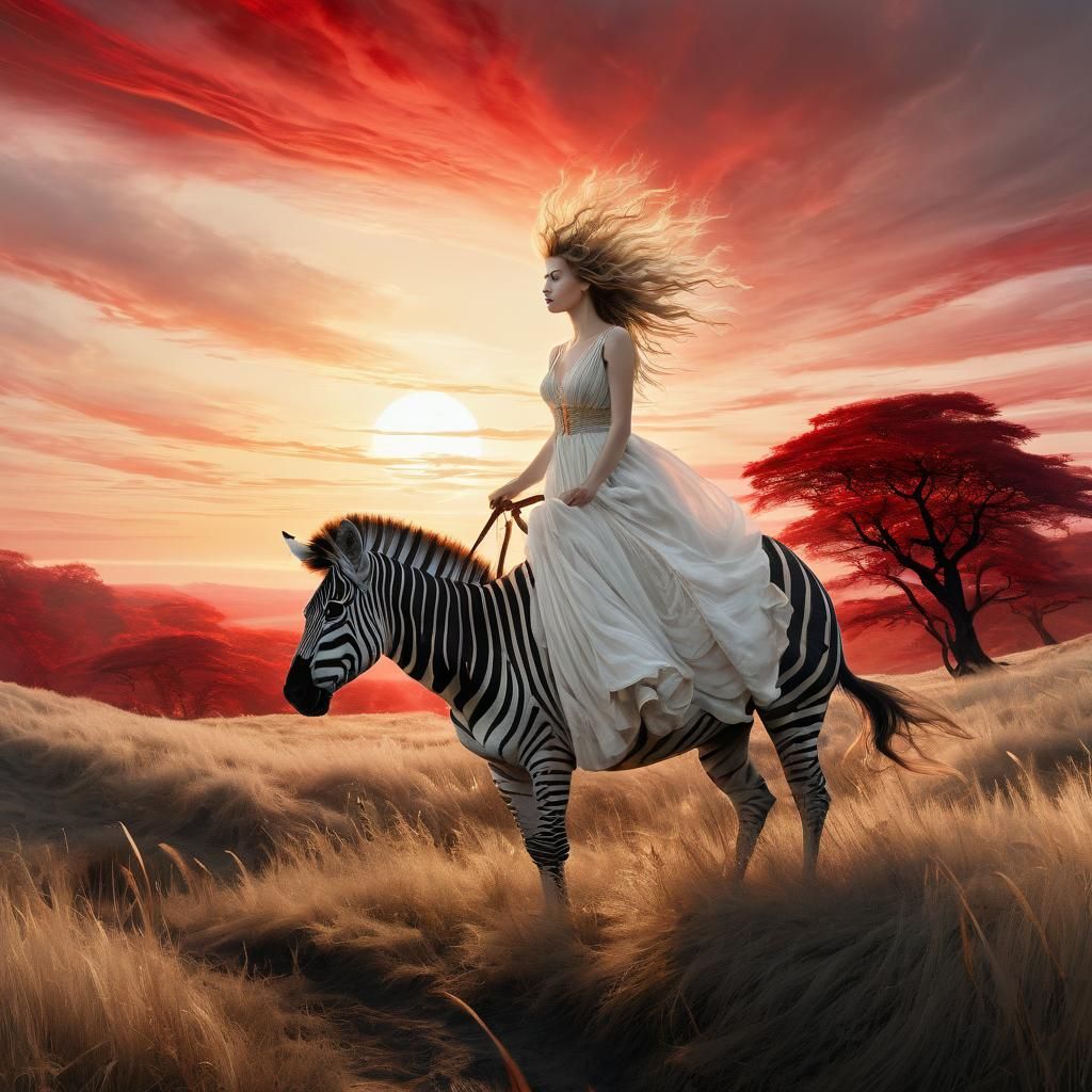 Whimsical Fantasy Art: Woman Riding Zebra