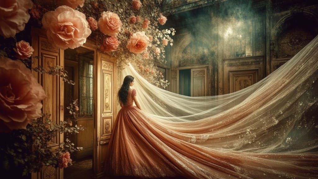 Ethereal Woman in Rose Gown at Japanese Garden