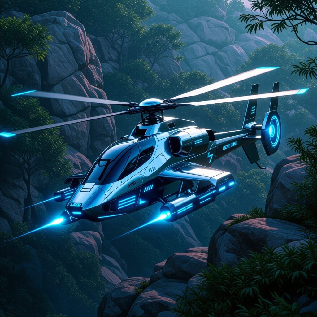 Futuristic Attack Helicopter with Energy Weapons Over Woodla...