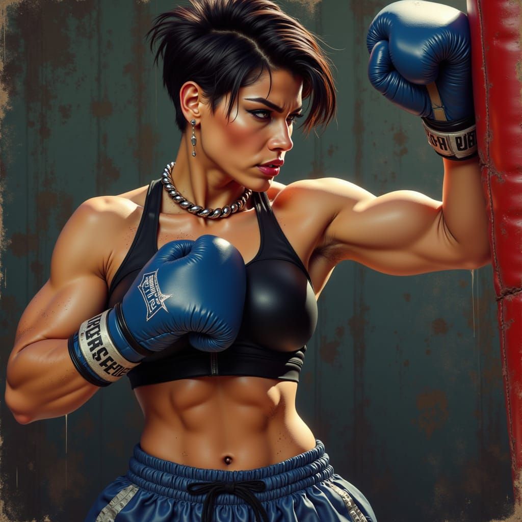 Muscular Female Boxer Training in Gritty Pulp Comic Style