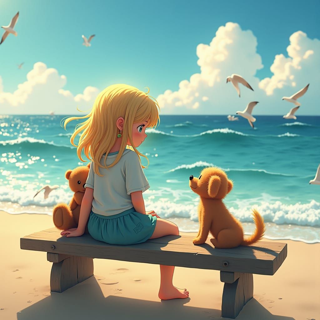 Golden Haired Girl on Beach as 3D Anime Art