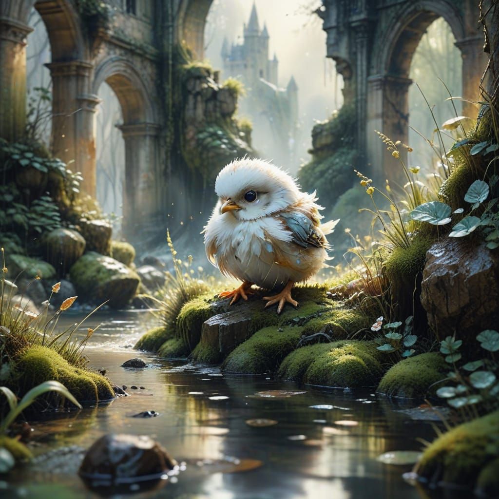 Grumpy Chick in Watercolor by Castle Ruins