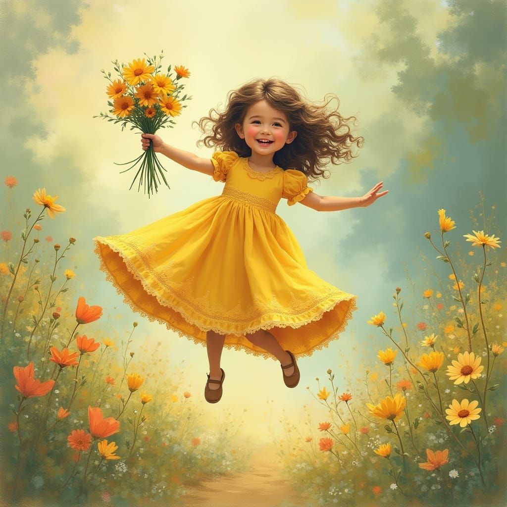 Little Girl in Yellow Lace Dress Leaps with Joy in a Field o...