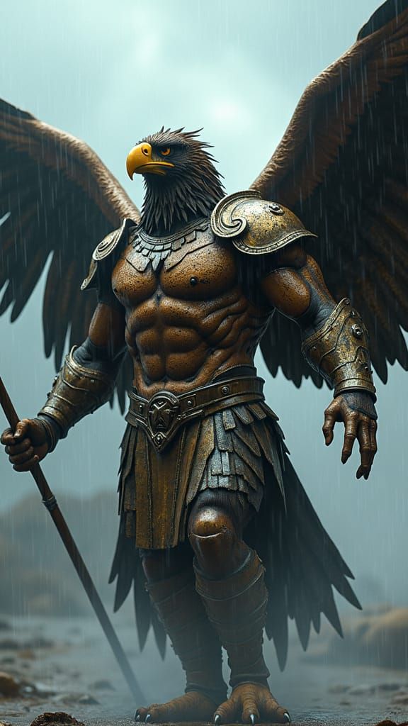 Eagle-Human Gladiator Soaring Through Stormy Arena