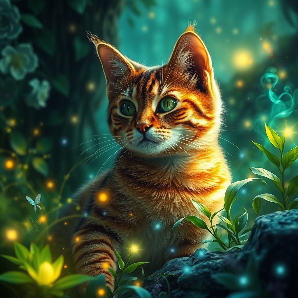 Fantasy Brown Tabby Cat in Lush Enchanted Realm