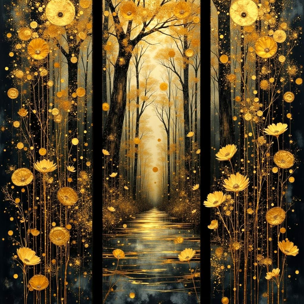 Surreal Triptych of Dreamlike Worlds in Gold