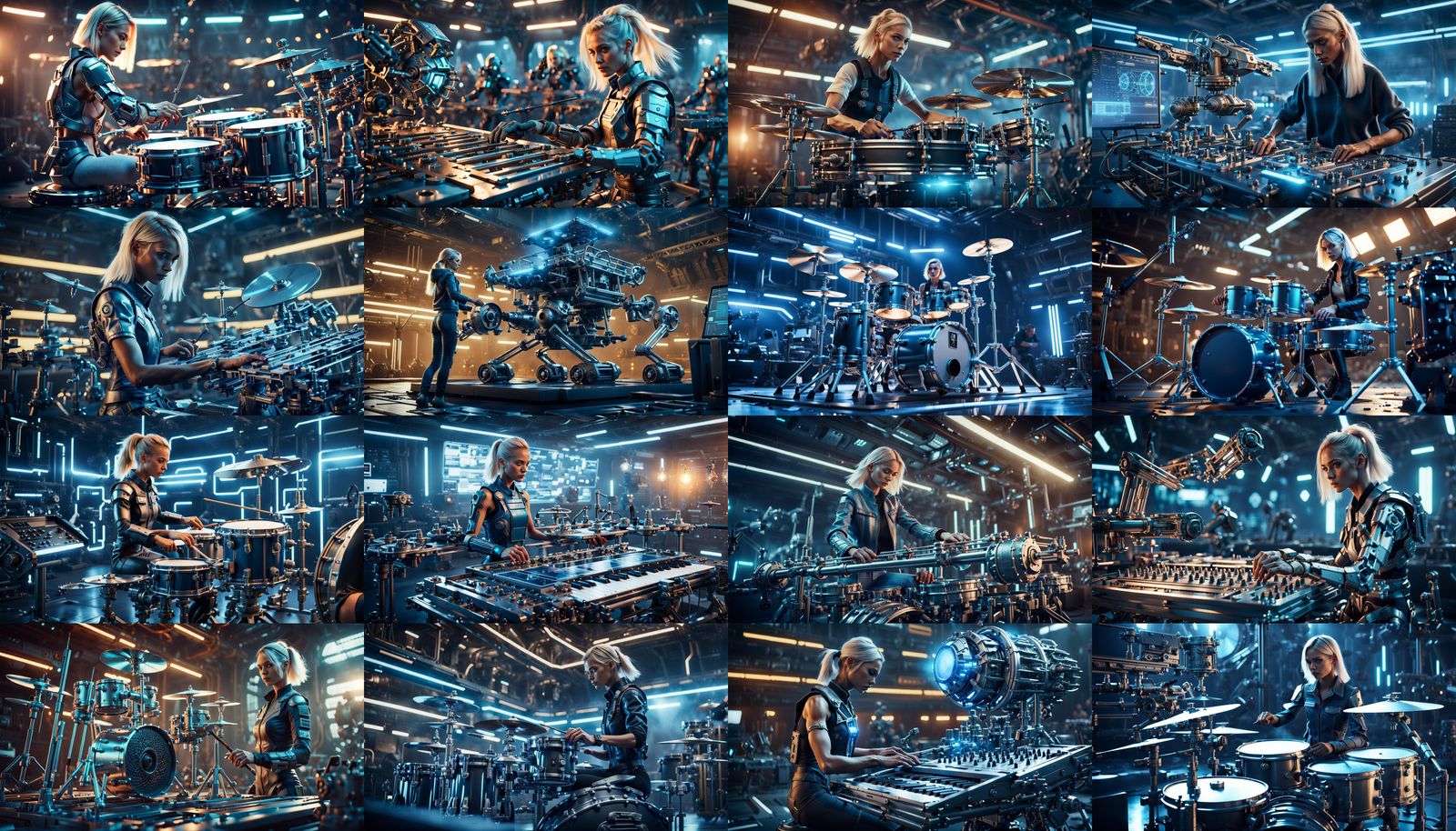 blueprint document for the building of a beautiful blond female drummer at work intricate mech details, ground level sho...