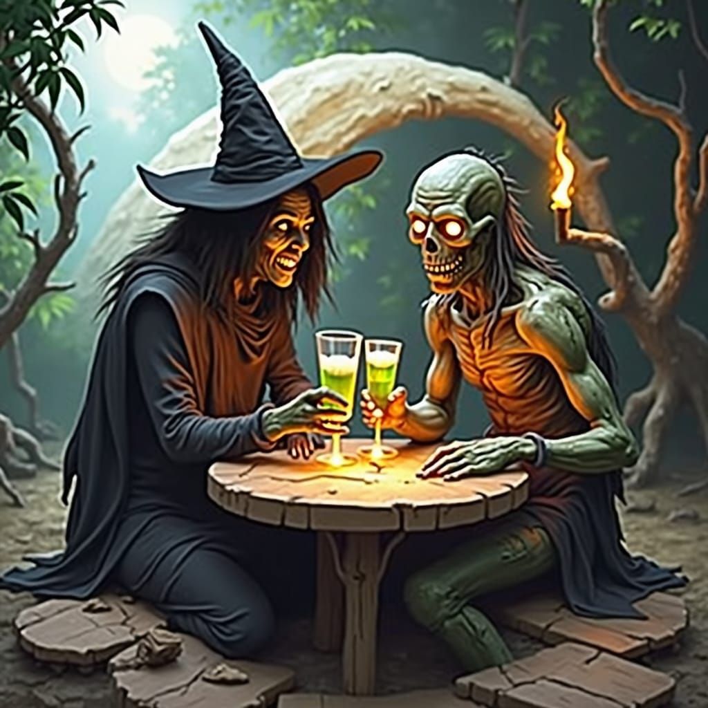 Witch and Zombie Jungle Party in Dark Fantasy Style